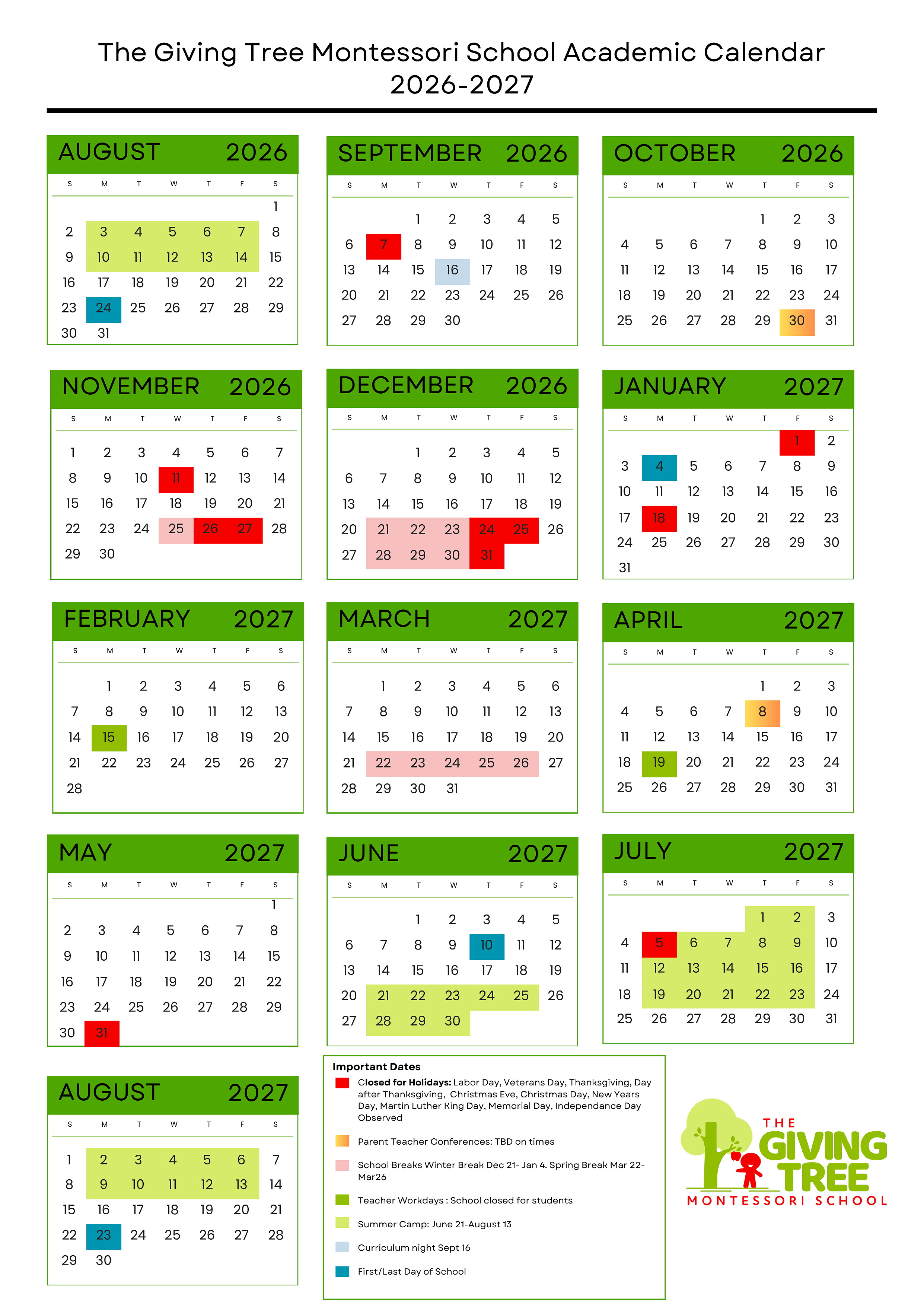 The Giving Tree Montessori School academic calendar for 2026-2027 in the original portrait layout, showing August 2026 through August 2027 with color-coded holidays, school breaks, teacher workdays, curriculum night, Summer Camp, and the first and last days of school.