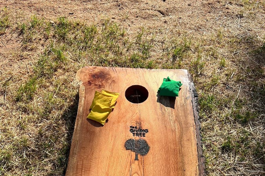 A live-edge wooden cornhole board branded with The Giving Tree logo, with yellow and green bean bags resting on it.
