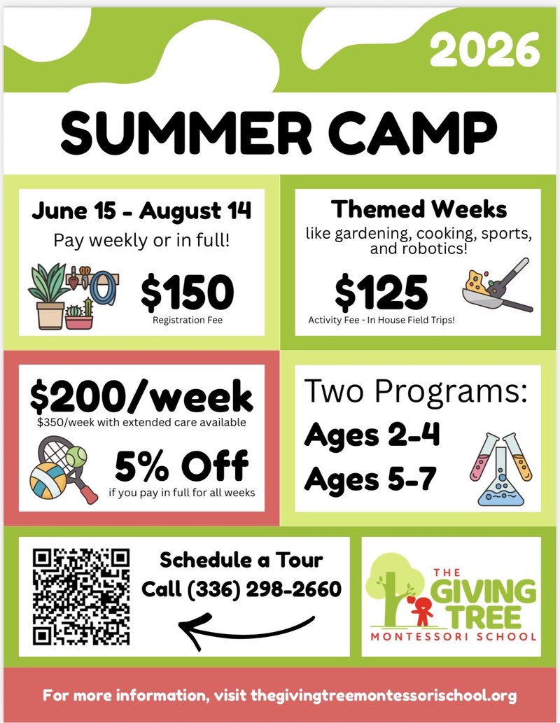 Summer Camp 2026 flier: June 15 to August 14, $150 registration fee, $125 activity fee for in-house field trips, $200 per week or $350 per week with extended care, 5% off if paid in full, two programs for ages 2 to 4 and ages 5 to 7, and a QR code to schedule a tour.
