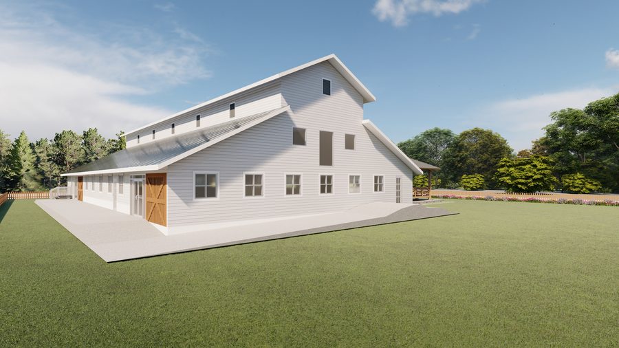 Architectural rendering of The Giving Tree Montessori School: a long barn-form building with clapboard siding, a standing-seam roof, clerestory vents and sliding barn doors, an angled view showing the full length of the roof and the entrance.
